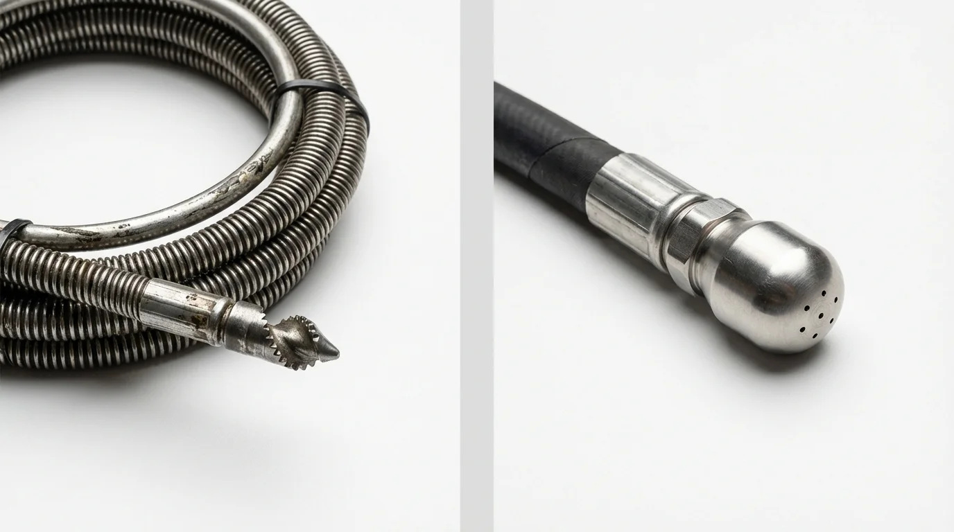 Drain snake cable and hydro jetting nozzle used for drain cleaning in Morrisville, VT
