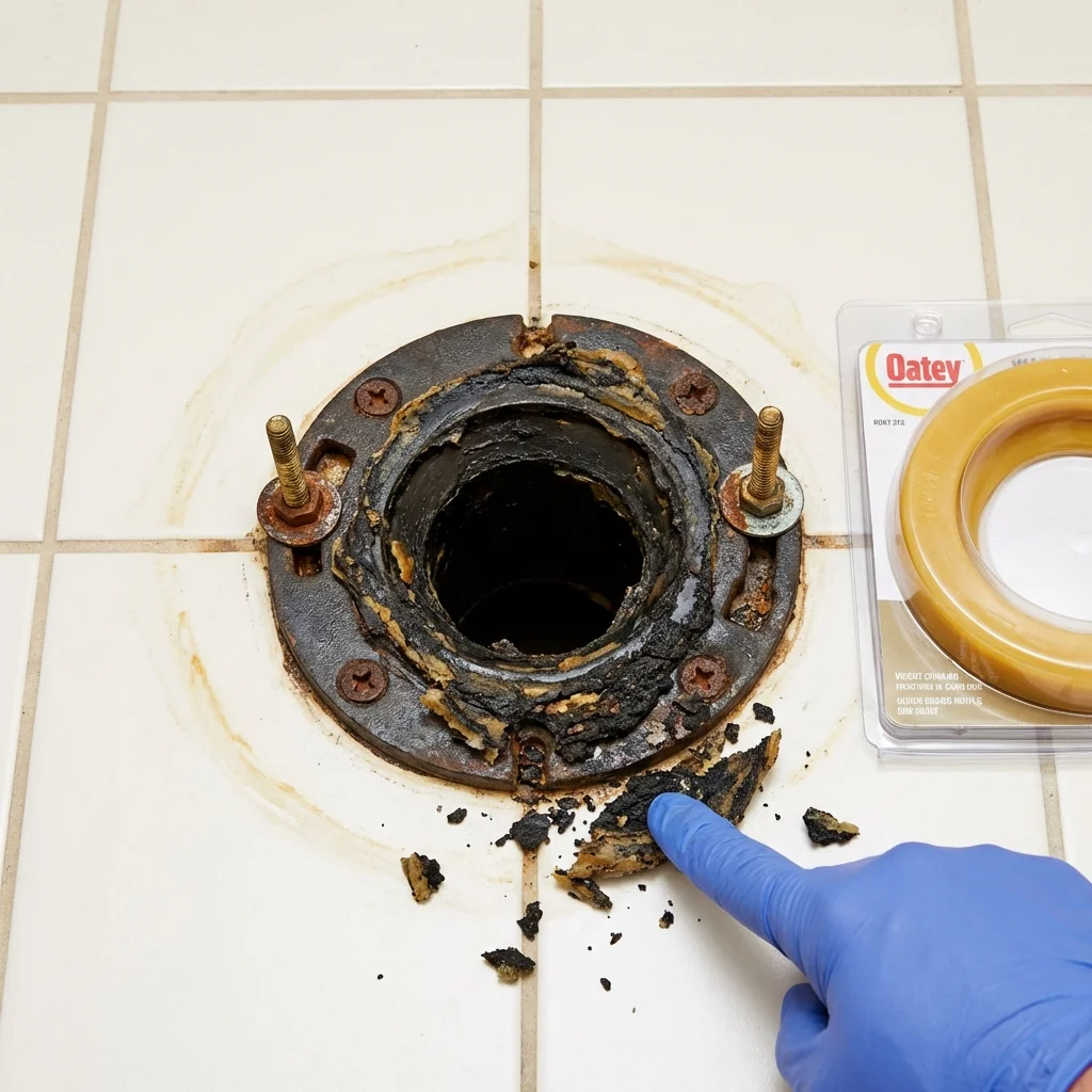 Failed wax ring showing water seepage at the base of a toilet in a Morrisville, VT home