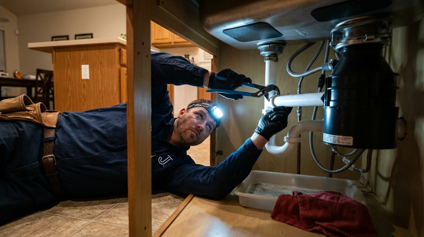 P-trap and supply line connections under a kitchen sink showing a common leak point in Morrisville, VT